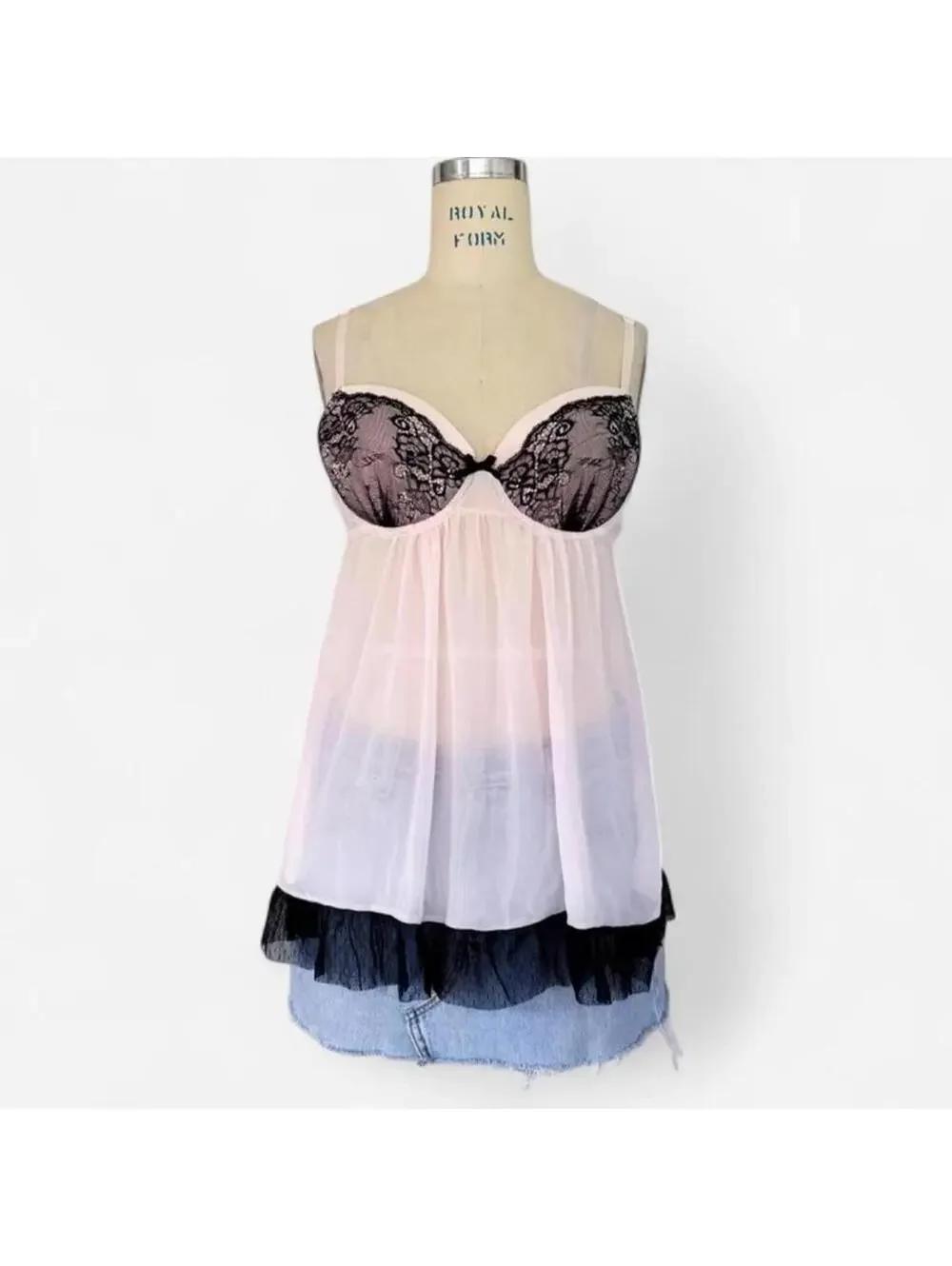 Gillian and OMalley Pink Black Lace Babydoll Lingerie Top Sheer Mesh Coquette